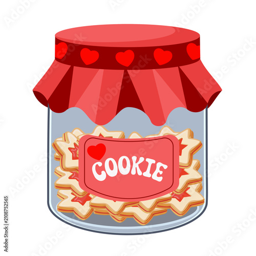 Glass cookie jar with decorative lid and homemade star biscuits vector illustration