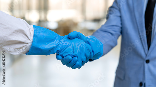 Two individuals, one wearing a white lab coat and the other a blue suit, shake hands while both wear protective blue gloves, symbolizing cautious agreement