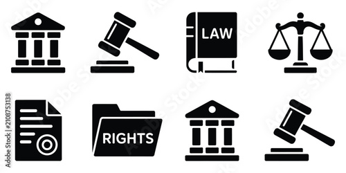 Foto Legal icon set with justice scales gavel law book and courtroom symbols for lega