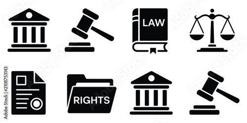Obraz na płótnie Legal icon set with justice scales gavel law book and courtroom symbols for lega