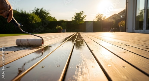 Hand applying protective wood stain to outdoor wooden deck with a roller during golden hour