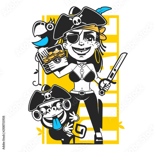 Pirates set of vector emblems, labels, badges or logos in vintage style on background with removable grunge textures