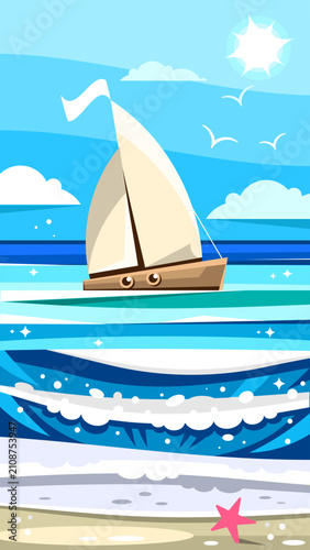 Sail boat in red sea with view to sand beach and ancient Egyptian pyramids. Summer landscape with boats on water, african coast and Egypt landmarks, vector cartoon illustration