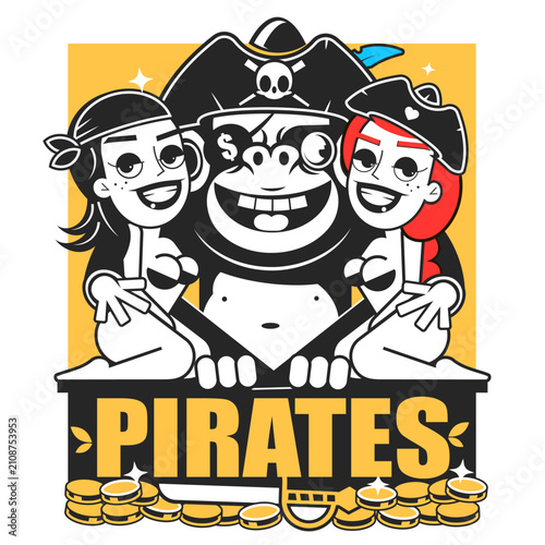 Pirates set of vector emblems, labels, badges or logos in vintage style on background with removable grunge textures