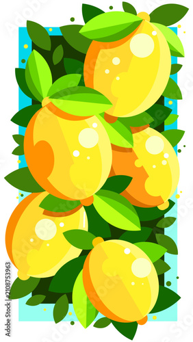 Mobile phone on yellow paper background minimal style. Lemon, lime outline fruit with leaves hand draw pattern. Social media, presentation template