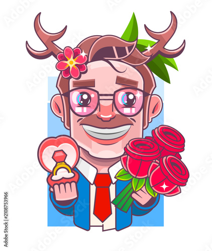 Guy giving flowers to his girlfriend. Young woman in dress, bearded man in shirt and pants. Couple of lovers. Flat vector