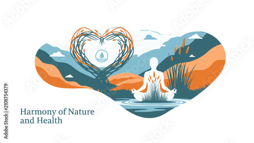 Cuadro en lienzo A serene illustration depicting the harmony between nature and human health, with a meditating figure at the center of a heart-shaped tree