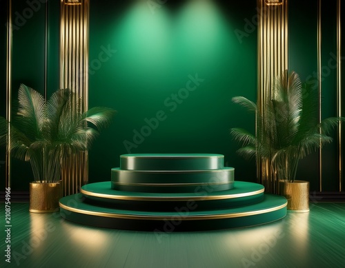 emerald velvet and gold trim podium a luxurious stage design featuring rich green surfaces and elegant golden accents enhanced by warm lighting to evoke grandeur and sophistication