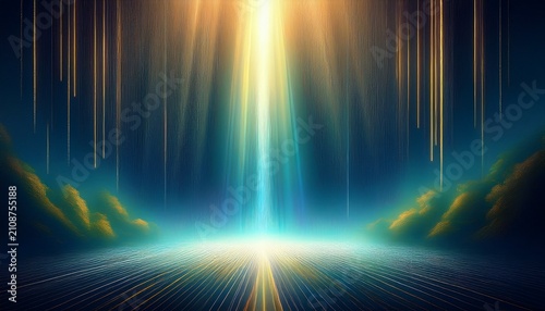 vertical ethereal light shafts descend into the darkness below