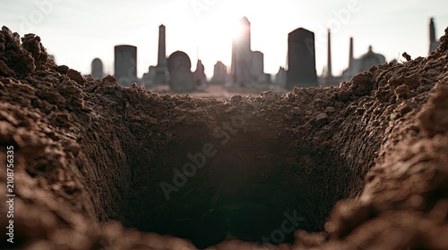 A dark, freshly dug grave in the foreground, with a city skyline in the distance