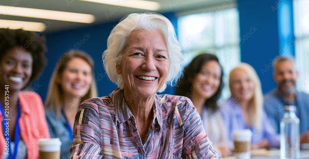 Obraz premium A vibrant senior woman with white hair smiles brightly at the camera, seated forefront in a diverse business meeting, radiating happiness and engagement among colleagues