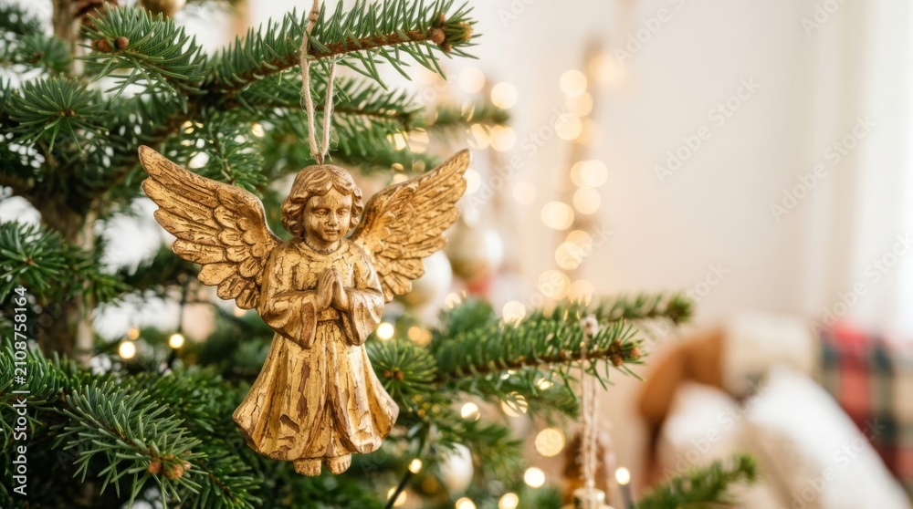 Obraz premium Golden Angel Ornament on Spruce Branch, Handcrafted Christmas Decoration with Festive Bokeh Lights