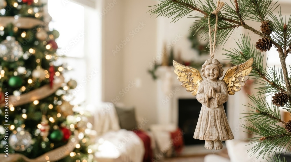 Obraz premium Handcrafted angel ornament with weathered gilt wings hangs on a pine branch, with a blurred Christmas tree and fireplace scene.