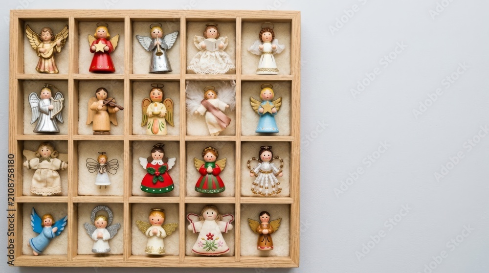 Obraz premium Collection of Angel Christmas Ornaments Neatly Arranged in Wooden Compartment Box, Flat Lay for Holiday Decor Display