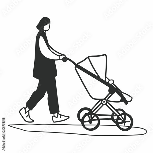 Woman walking with stroller in minimalist style  
