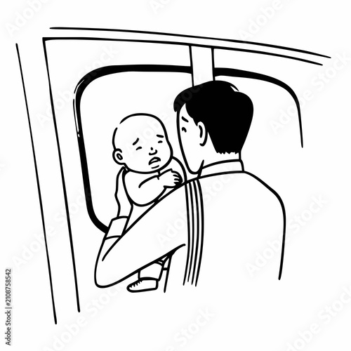 Father holding baby inside vehicle with a worried expression  