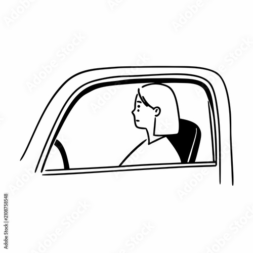 Woman sitting in car looking outside through passenger window  