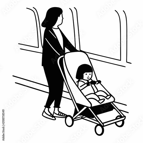 Woman pushing a stroller with a child inside in a subway environment  