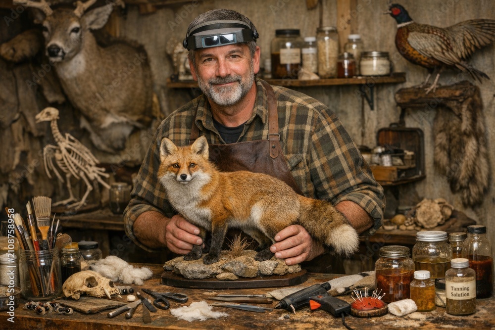 Fototapeta premium A person holds a taxidermy fox replica, perfect for Halloween or costume parties