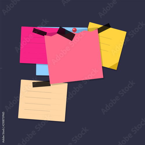 Colorful sticky notes arrangement with push pin on dark background