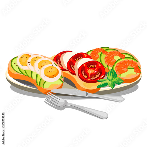 Sandwiches on a plate with avocado, shrimp, and boiled egg