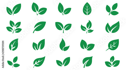 Green leaf icon set with nature organic growth botanical plant and eco friendly symbols for environmental design