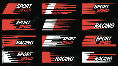 Race car decals and motorsport emblems with vector checkered flags, speed arrows, and racing stripes for rally car livery design and team uniform branding
