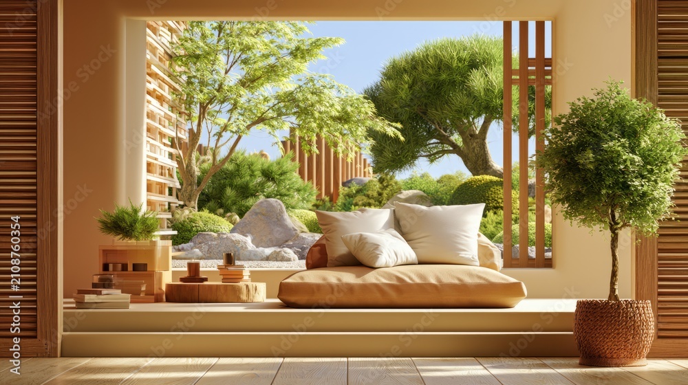 Fototapeta premium Japanese-Inspired Lounge with Low Seating and Natural Light