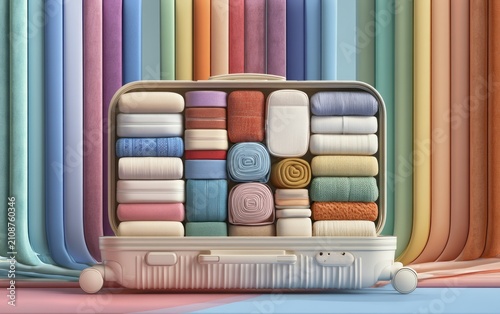 Colorful Suitcase with Neatly Arranged Travel Essentials Inside