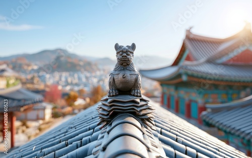 Detailed Mythical Creature Finial on Temple Roof Against Scenic Background