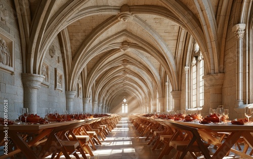 Grand Refectory Hall with Long Dining Arrangement and Stone Walls