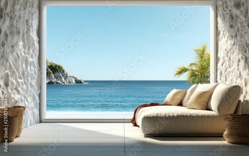 Bright Coastal Lounge Interior with Scenic Ocean View and Soft Seating