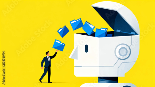 AI data management concept with robot head and businessman organizing files into digital storage