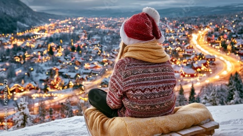 Person Wearing Santa Hat Sitting on Sled Overlooking Winter View