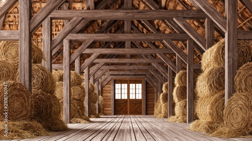 Rustic Barn Interior with Open Lanes and Stacked Hay Bales