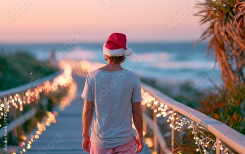 Person in Santa Hat Walking Along Coastal Pathway at Sunset