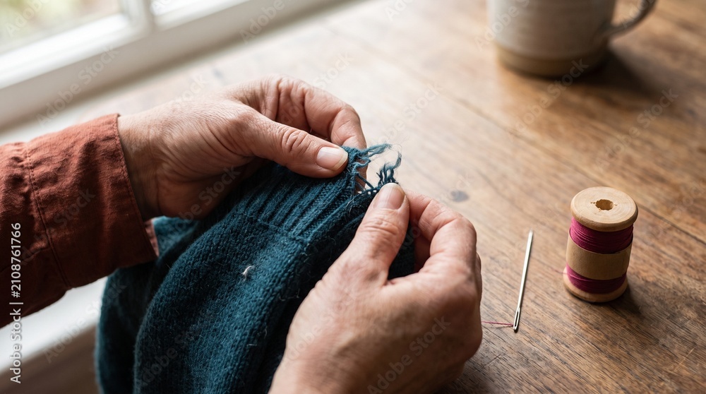 Fototapeta premium Hands inspect a torn jewel-tone sweater sleeve for repair