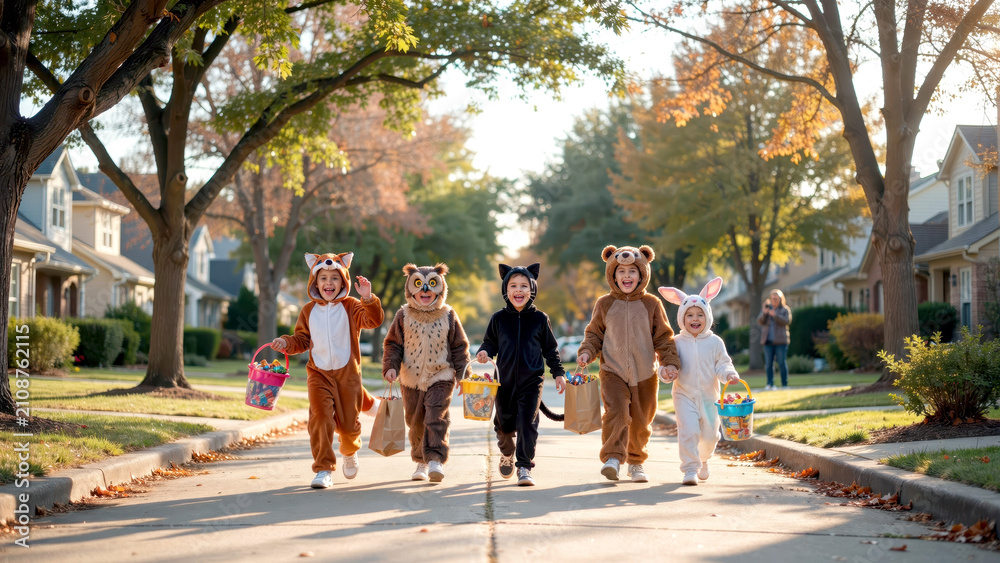 Obraz premium Group of excited children wearing animal costumes walking down residential street during autumn holiday celebration with children dressed with dressed various animals