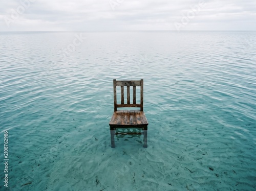 Wooden chair standing in shallow ocean water under a cloudy sky with minimalist composition for conceptual marketing