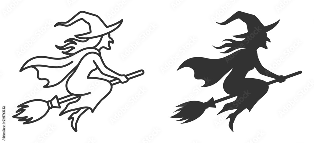 Fototapeta premium witch silhouette flying on broomstick simple line art vector illustration on transparent background