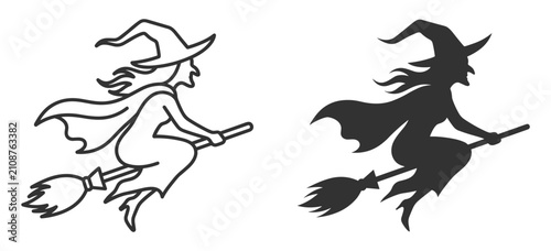 Fotografie witch silhouette flying on broomstick simple line art vector illustration on tra