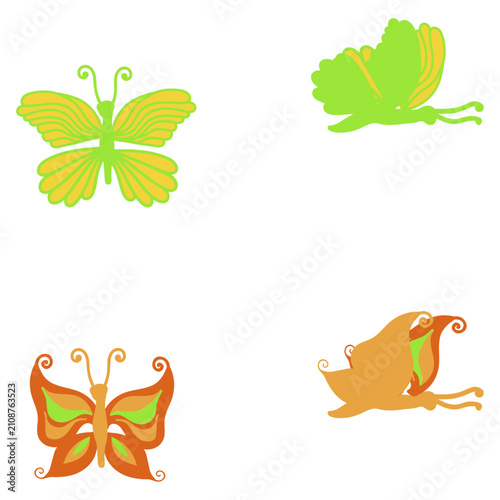 Yellow and orange butterflies. Side and top views. Vector illustration isolated on a white background.
