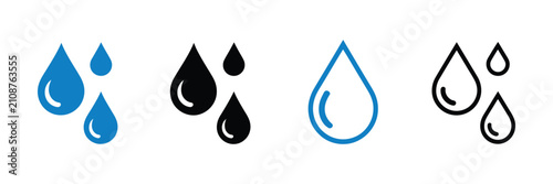 Water drops icon set with raindrop liquid droplet splash symbols in outline glyph and color styles for apps and design