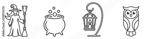 Foto witch cauldron lantern and owl line icons set Halloween magic and spooky symbols