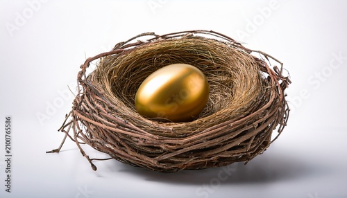 a single golden egg rests safely inside a natural bird s nest isolated on white background