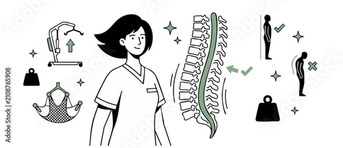 Ergonomic Patient Lifting Nurse Spine Health Infographic illustrating safe handling techniques, posture correction, back injury prevention, medical hoist equipment, and occupational safety in healthca