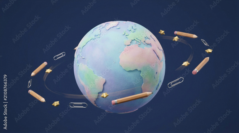 Naklejka premium Globe surrounded by orbiting stationery including pencil and paper clip. Education and global communication concept. World geography and international business connectivity 3D render