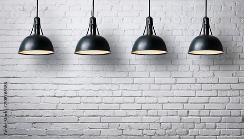 white brick wall with four black industrial lights hanging overhead
