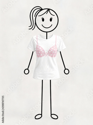 A stick-figure girl with a ponytail is wearing a pink and white polka-dot brassiere featuring a pink ribbon for breast cancer awareness, isolated on a white background