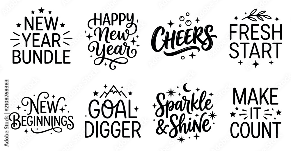 Fototapeta premium Set of eight hand drawn black typography quotes for new year celebration and positive life goals design Minimal Typography text bundle collection. Editable Vector Illustration Mega pack